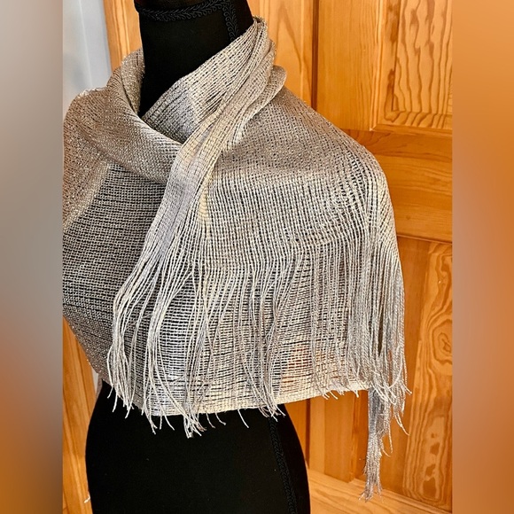 Metallic Silver Scarf Glam Holiday Going Out Gift Fringe Classy Dazzling Chic - Picture 6 of 17